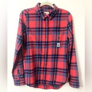 SO Women's Red and Blue Plaid Button Down Flannel Shirt